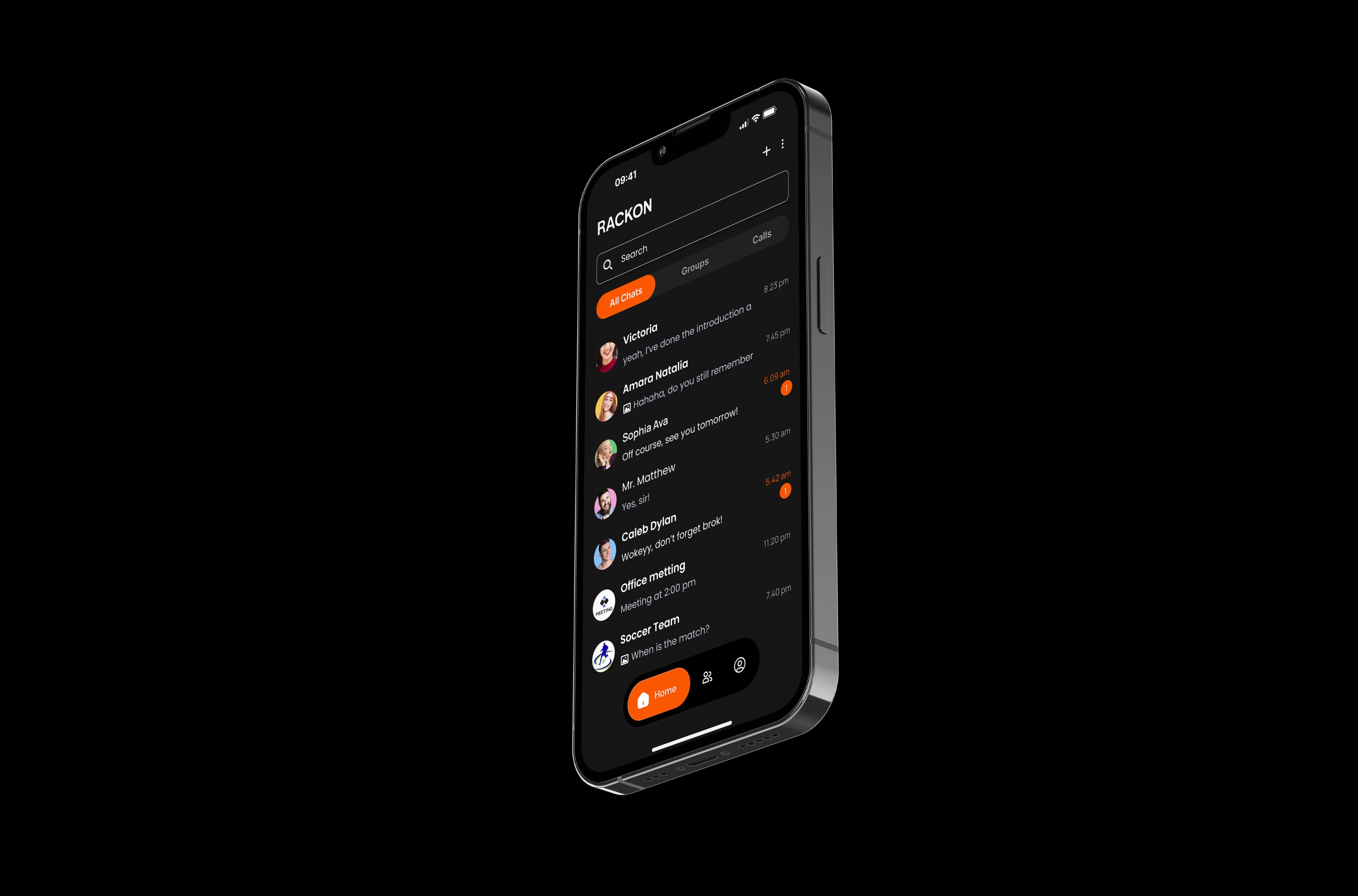 Rackon encrypted chat app running on iPhone private messaging interface